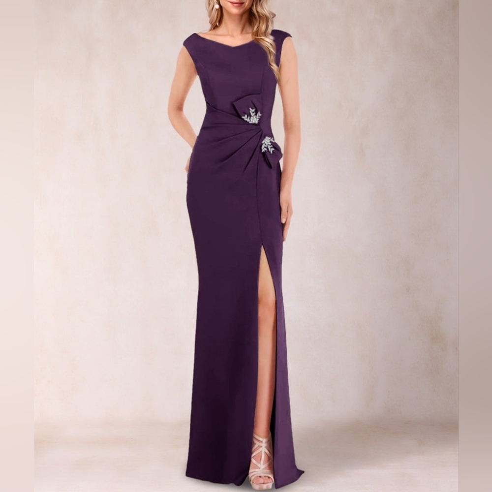 Lavetir Plum Purple Sheath Column Ruched Formal Maxi Gown 10 NWT Silver Beading